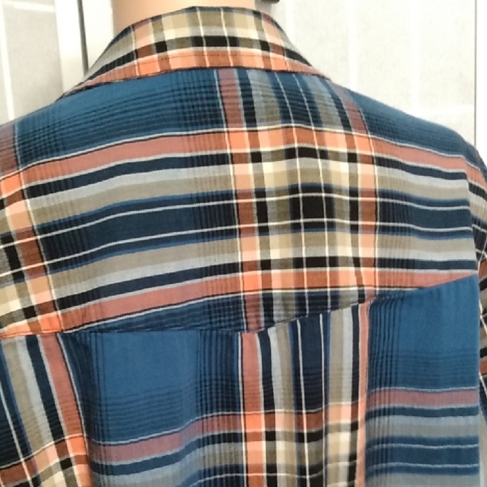Allison Daley WMNS Blue & Peach Plaid Button-Up Flannel Shirt - Roll Tab Sleeves - Picture 8 of 12